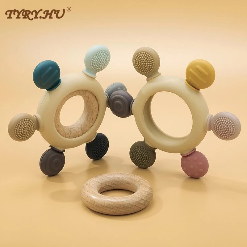 1PC Baby Silicone Teether Rudder Shape Wooden Teether Ring Kid Toy Gift ...