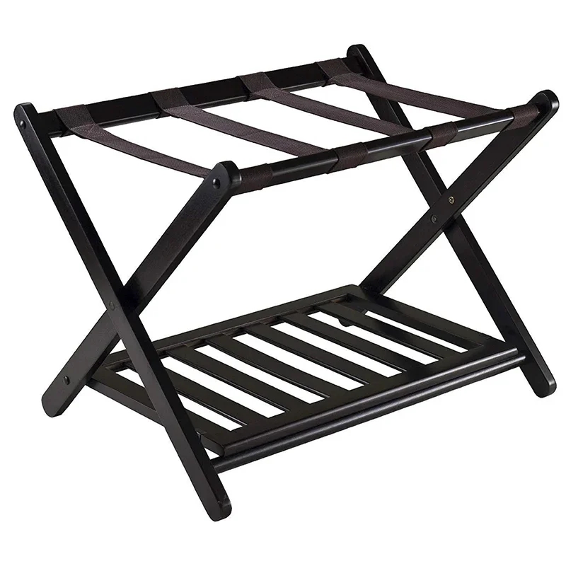 Foldable Luggage Rack Wooden Floor Standing with Shoes Shelf Suitcase Stand for Hotel Travel Home