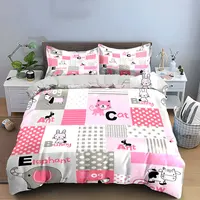 Parure de lit alphabet animaux mignons rose et gris, housse de couette imprimée dessin animé avec taies d'oreiller, linge de lit doux pour chambre de fillette 3