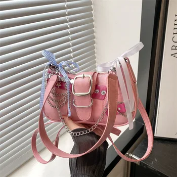 Y2k Retro Women‘s Chain Shoulder Bags PU Leather Ladies Small Underarm Bag Sweet Bow Star Trend Female Crossbody Bag Handbags 1