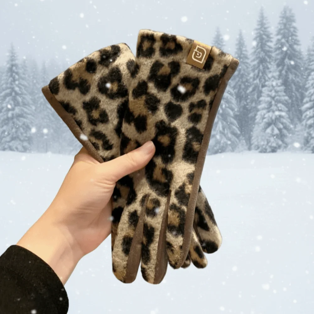 Cashmere Leopard Print Winter Gloves Touch Screen Skiing