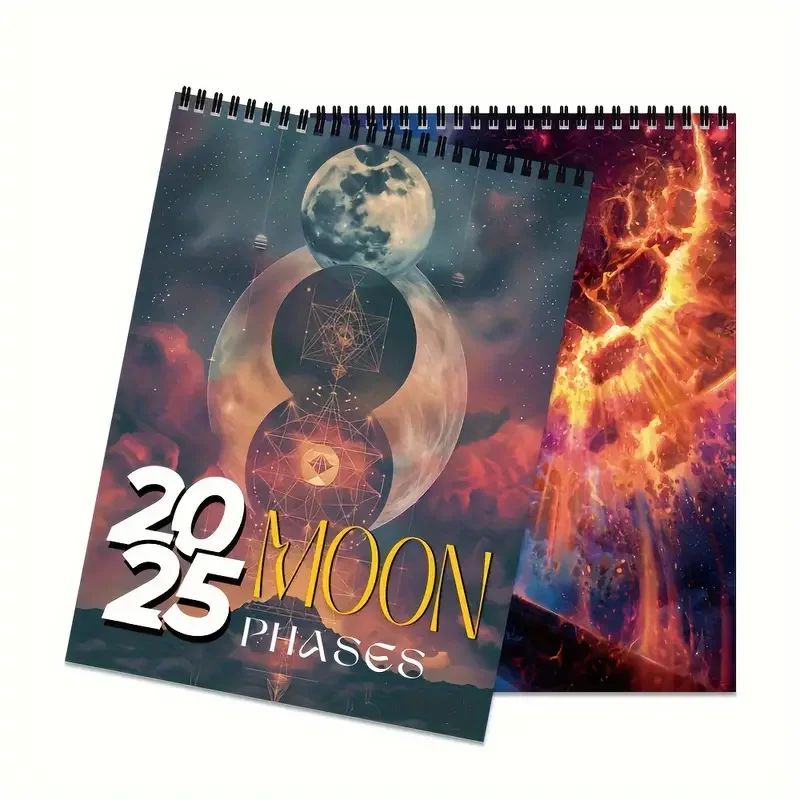 Spiral Wall Calendar-Laminated, 12 Months, Moon Phases, Yearly View, English Language, Eclectic Design with Lunar Cycles