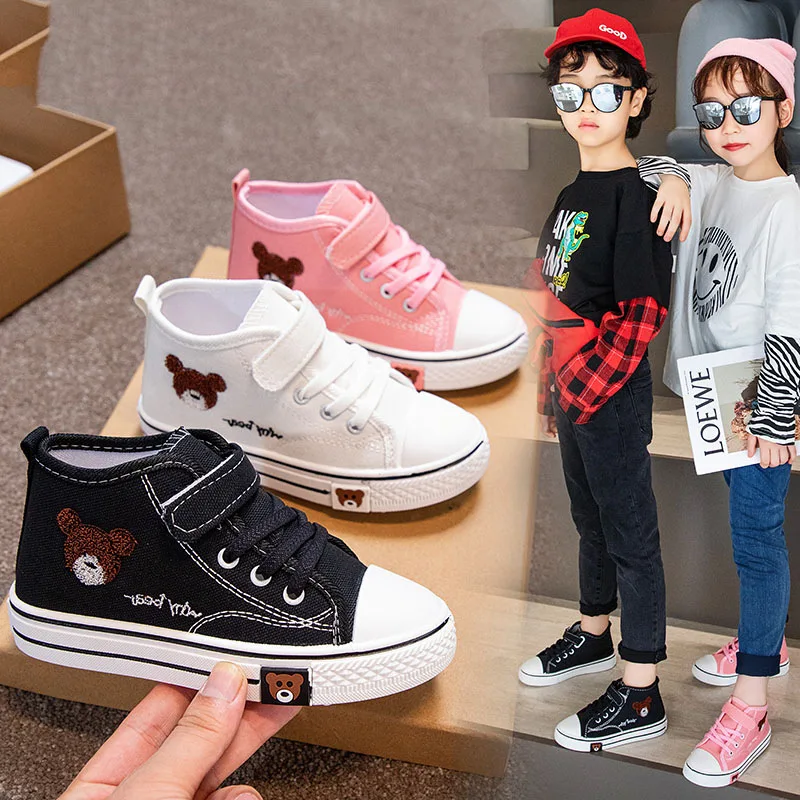 

Kids Canvas Shoes High Top Children Shoes Cartoon Bear Girls Sneakers Toddler Boys Soft Sole Flats Fashion Student Board Shoes