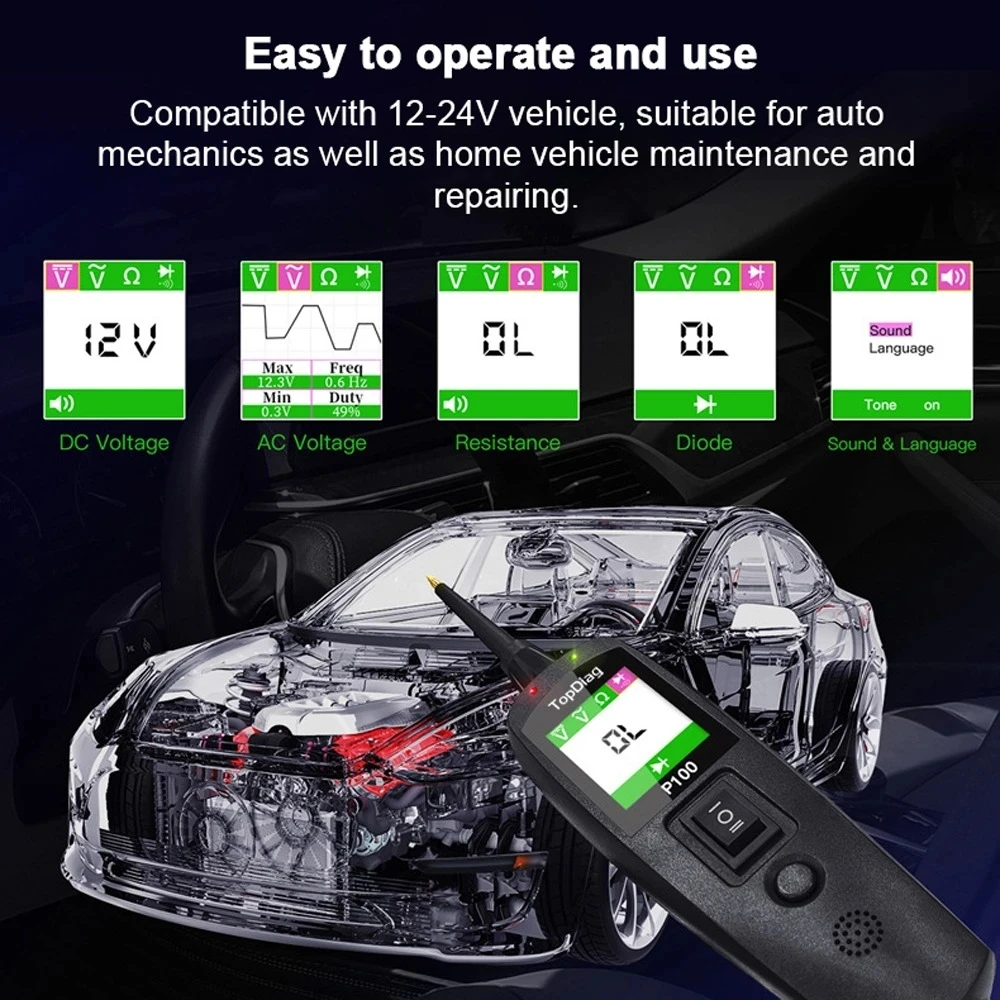 JDiag P100 Car Electrical Circuit Tester 12V 24V Automotive Circuit Tester Built-in Flashlight Electrical System Diagnostic Tool