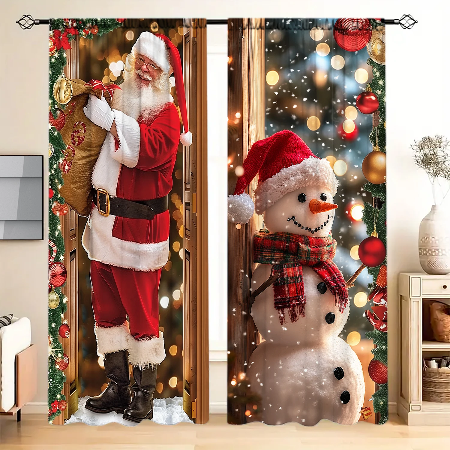 2pcs Santa Claus and Snowman Printed Curtain for Christmas Home Decor - Rod Pocket Window Treatment for Bedroom, Office, Kitchen 5