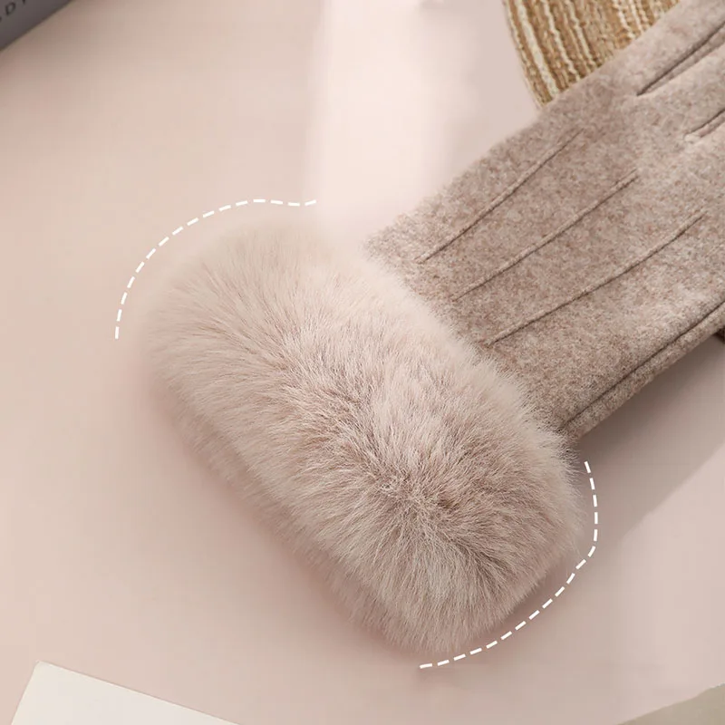 Women Winter Keep Warm Touch Screen Stripe Wrist Hairy Gloves Elegant Simple Windproof Not Bloated Cycling Drive Elasticity