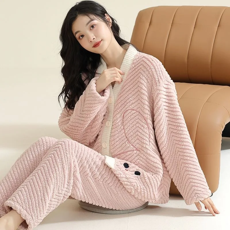 2024 New Sleepwear Women's Winter Coral Plush Loungewear Thickening Plunging Style Sleepwear Flannel Cute V-neck Homewear Set