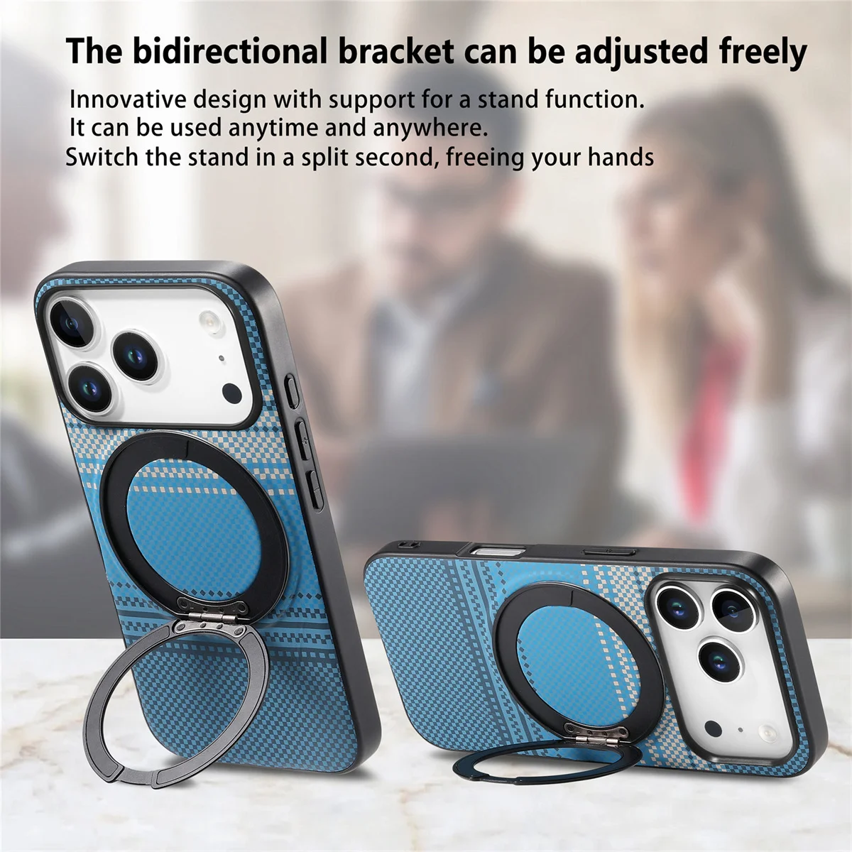 360 Rotating Magnetic Bracket Phone Case with Carbon Fiber Leather Protection