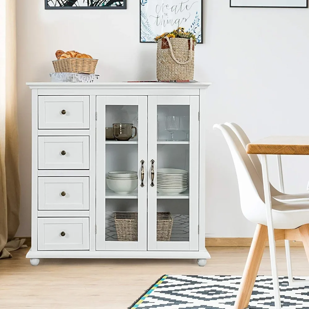 Buffet Sideboard, Wood Storage Cabinet, Console Table with 4 Drawers, 2-Door Credenza, Living Room Dining Room Furniture 2