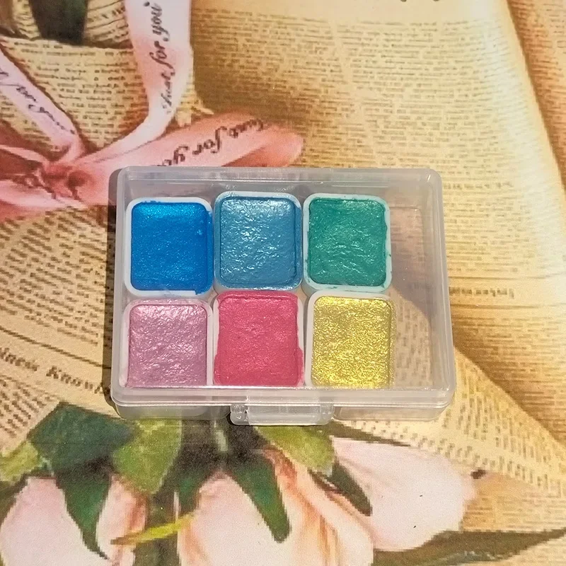 Pearlescent Metallic Solid Watercolor Paint Portable Hand-packaged Palette for Painting Nails Student School Art Supplies 6