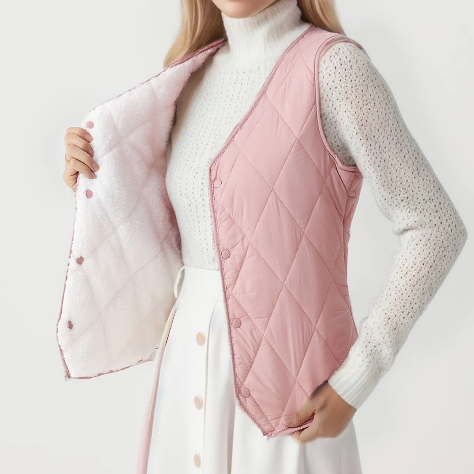 

Womens Quilted Vest Stand Collar Lightweight Resin Button Fleece Vest Gilet Zip up Jacket with Hood