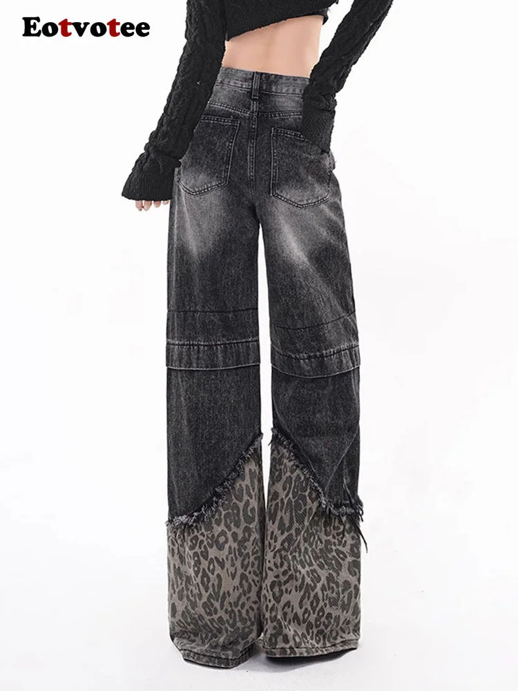 American Vintage Leopard Spliced Jeans Women Y2K Fashion