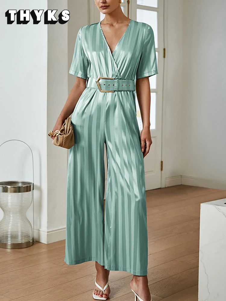 

Satin Green Jumpsuit Women Fashion Short Sleeve V Neck Belt Jacquard Jumpsuit Office Ladies Work Elegant Jumpsuit Salopette