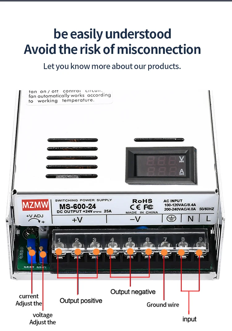 Description Picture 6 of itemMZMW 600W Switching Power Supply 12V 24V 36V 48v 60V 72V 80V 110V 220V Adjustable with Digital Display Transformer Industry SMPS