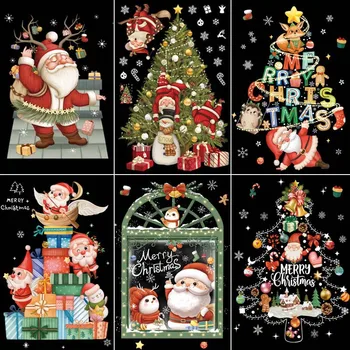 Kerst 2024 Christmas Home Decoration Window Stickers Cartoon Xmas Tree Santa Claus Glass Wall Decor Decals New Year Navidad Gift