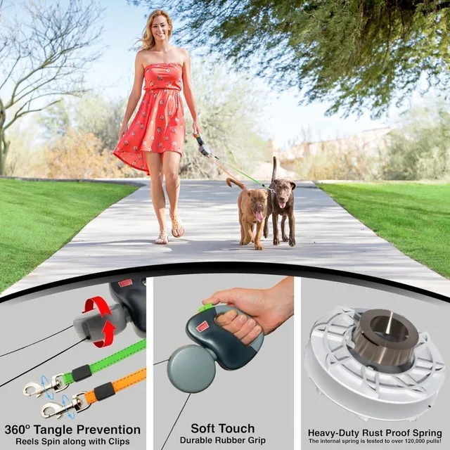 Enhanced Edition Double Dog Retractable Leash Auto-Untangles Reflective Waterproof Leash Supports Up To 50lb Dog Running Leash 2