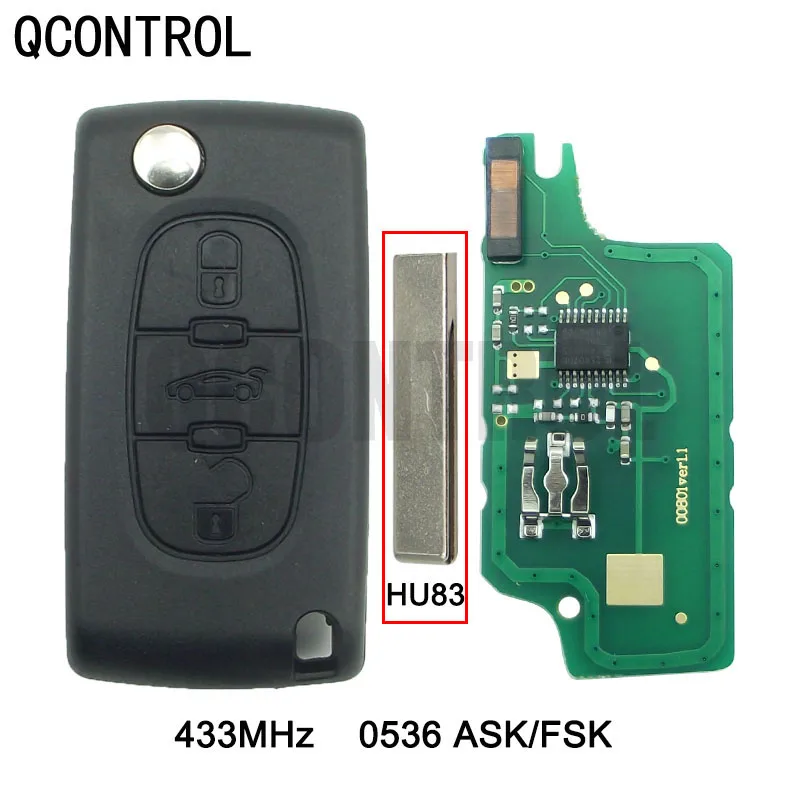 QCONTROL433MHz Car Remote Key for CITROEN C2 C3 C4 C5 Berlingo Picasso Keyless Entry (CE0536 ASK/FSK, 3 Buttons HU83 Blade)