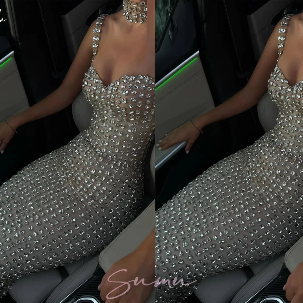 Silver Sweetheart Neck Prom Dress Sleeveless Diamond Customized ...