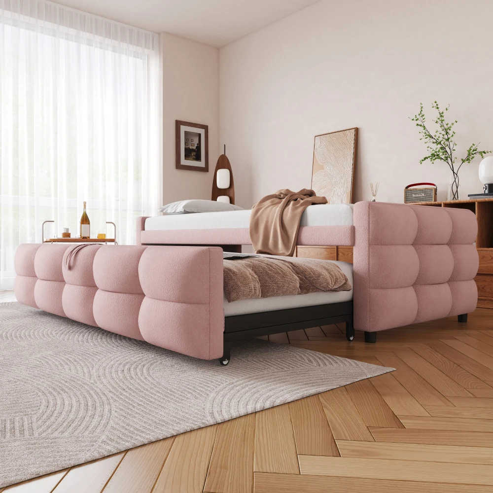 90/180x190cm Ausziehbares Schlafsofa, Samt-Puff-Stoff, umwandelbares Einzel-/Doppelbett, multifunktionales Tagesbett mit Tafel, platzsparende Couch (Matratze nicht enthalten) – Detail 40