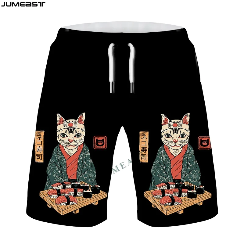 Jumeast Y2k Men Women 3D Printed Hip Hop Japanese Samurai Cat Shorts Trunks Quick Dry Beach Casual Sweatpants Short Pants
