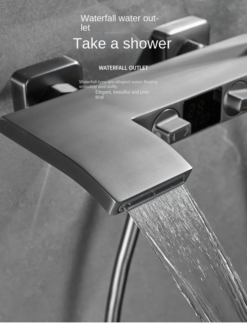 Description Picture 6 of itemModern Waterfall Shower Set with LED Display, Wall-mounted Hot and Cold Mixer Valve, Bathroom Gunmetal Grey Shower System