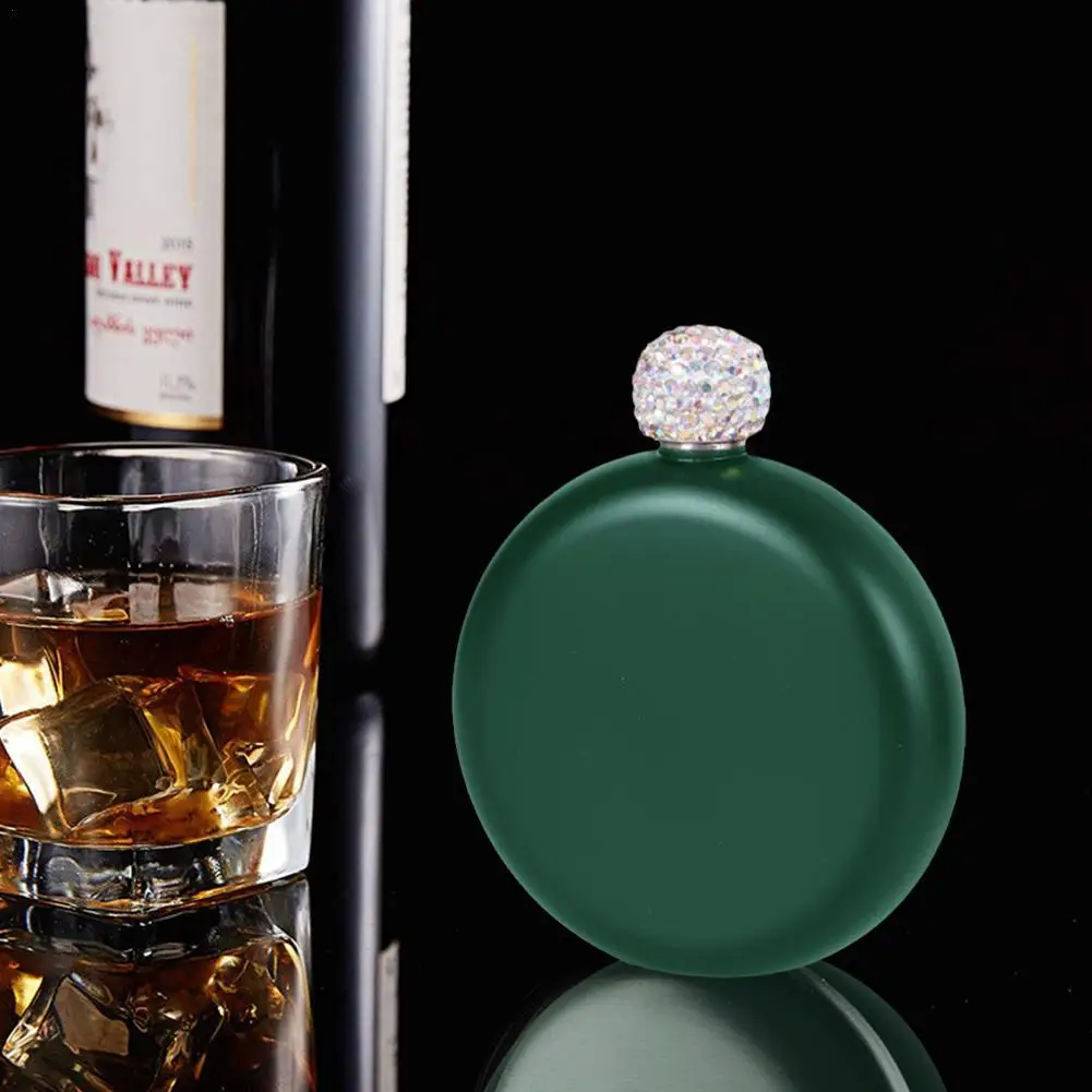 

1pcs Round Portable Small Wine Jug Stainless Steel Sobriety With Shiny Rhinestone Lid Five Ounces Home Kitchen Supplies