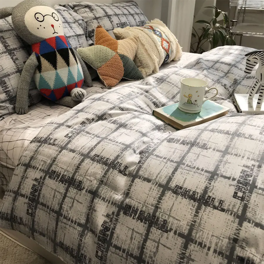 

Fashion grey geometric plaid bedding set teen boy,cotton twin full queen king home textile flat sheet pillow case duvet cover