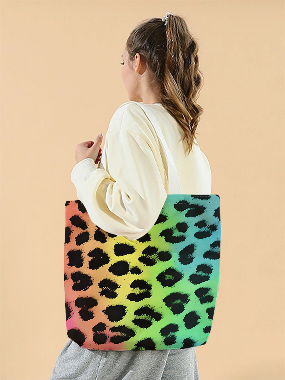 1pc,leopard print handbag, reusable fashionable handbag, multifunctional handbag, printed canvas shopping bag