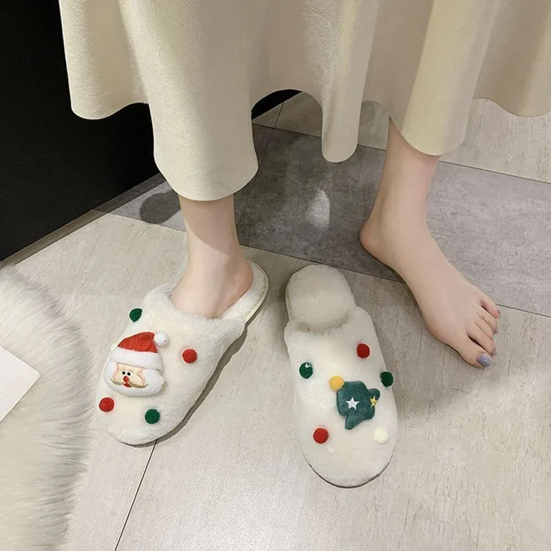 Christmas Cotton Slippers Women Shoes Winter Comfort Slides Plush Thicken Original Ladies Shoes Warm Plush Woman Cotton Slippers