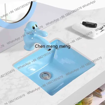 อ่างล้างหน้าเด็กแบบเซรามิกสีสันสดใสสำหรับโรงเรียนอนุบาล รุ่นใหม่ล่าสุด ทรงสี่เหลี่ยม แบบฝังใต้เคาน์เตอร์ ลายการ์ตูนน่ารัก ขนาดเล็ก 1