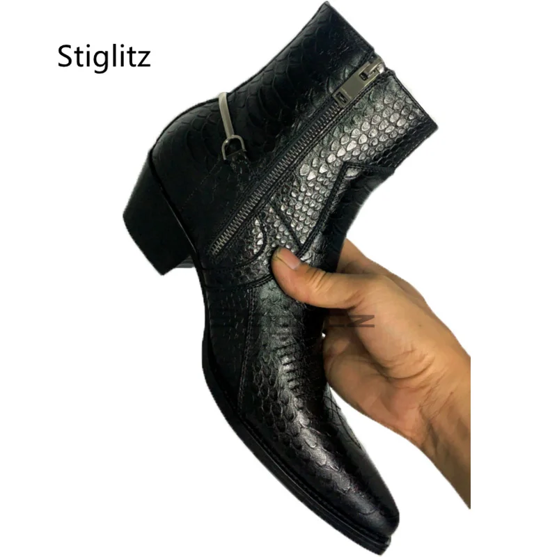 Genuine Leather Embroidery Men's Boots Pointy Chelsea Boots Snakeskin Metal Decor Chunky Heeled Ankle Boots Party Male Shoes
