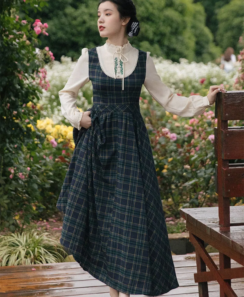 

Vintage French Plaid Dress Women's Elegant Embroidery Slim Fit British Vintage Women's Dress Academy Style Team Dress Gown