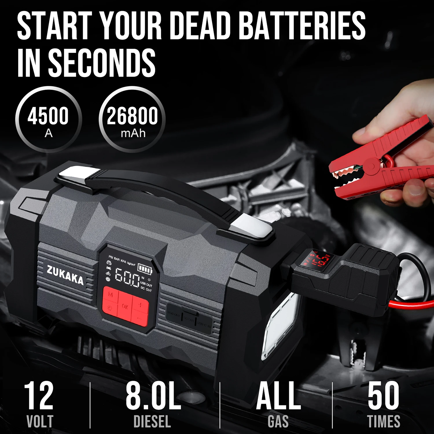 Car jump starter jump starter ZUKAKA car jump start air compressor 26800mAh power bank portable battery booster digital tire inflator with 160W DC out