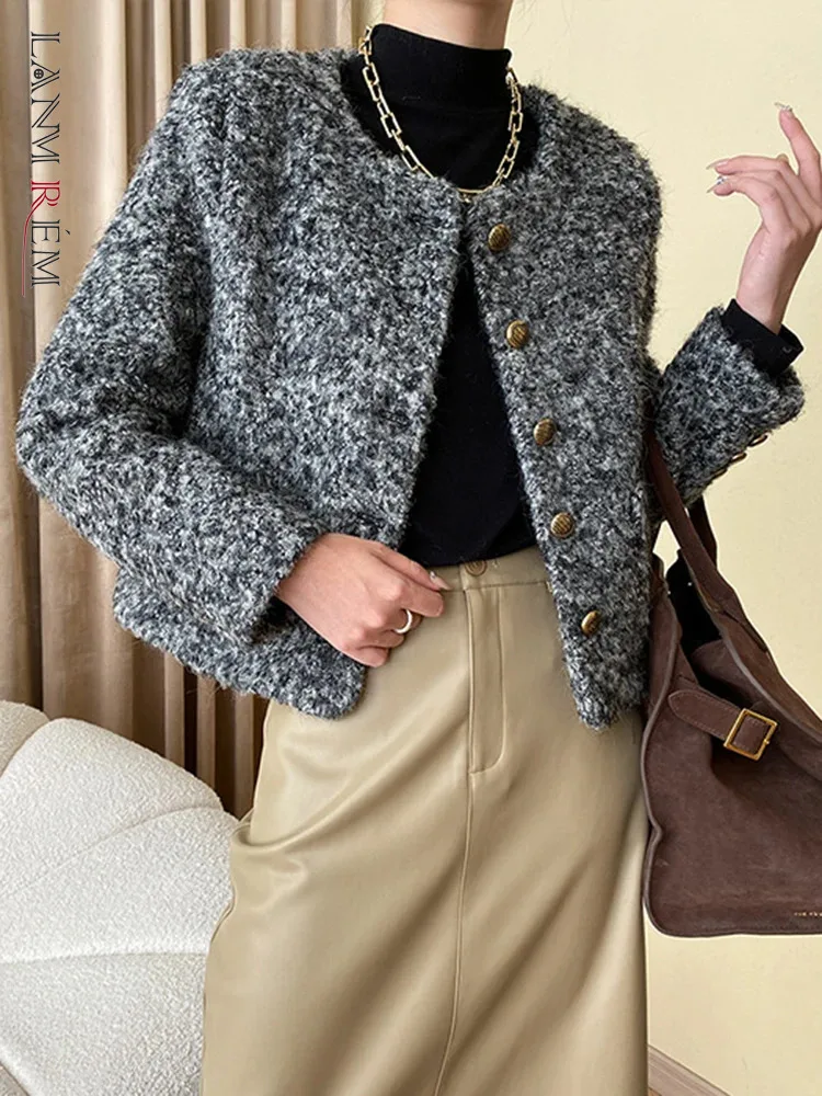 

[LANMREM] Elegant Tweed Coats For Women Round Neck Single Breasted Long Sleeve Warm Jackets Female 2023 Winter New 26D6831