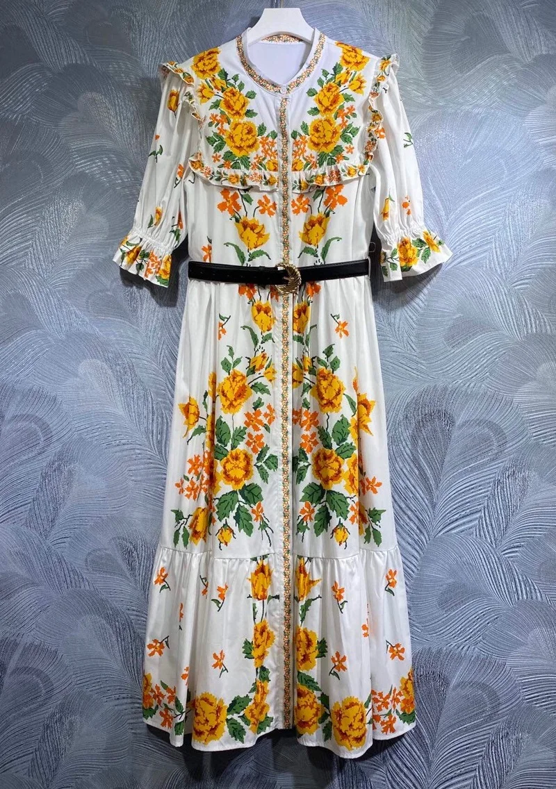 

100%Cotton Long Dress 2023 Summer Style Ladies Exquisite Floral Prints Belt Deco Half Sleeve Casual Long White Blue Maxi Dress