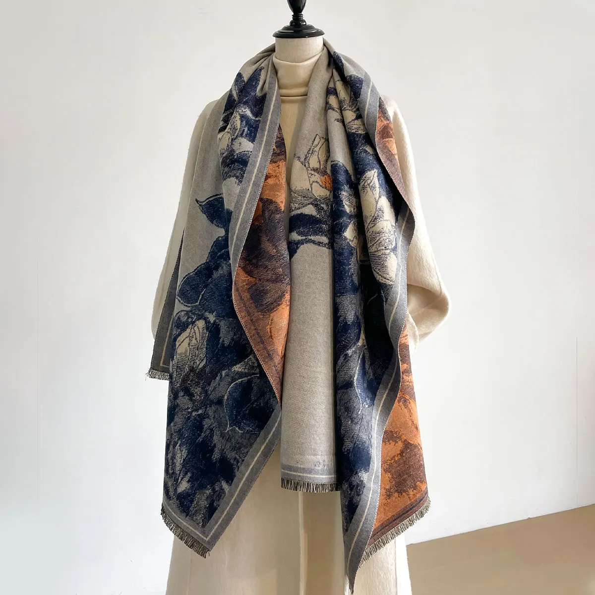 NEW Luxury Winter Cashmere Oil painting Magnolia Design Scarf Women Warm Pashmina Blanket Poncho Scarves Female Elegance Shawl