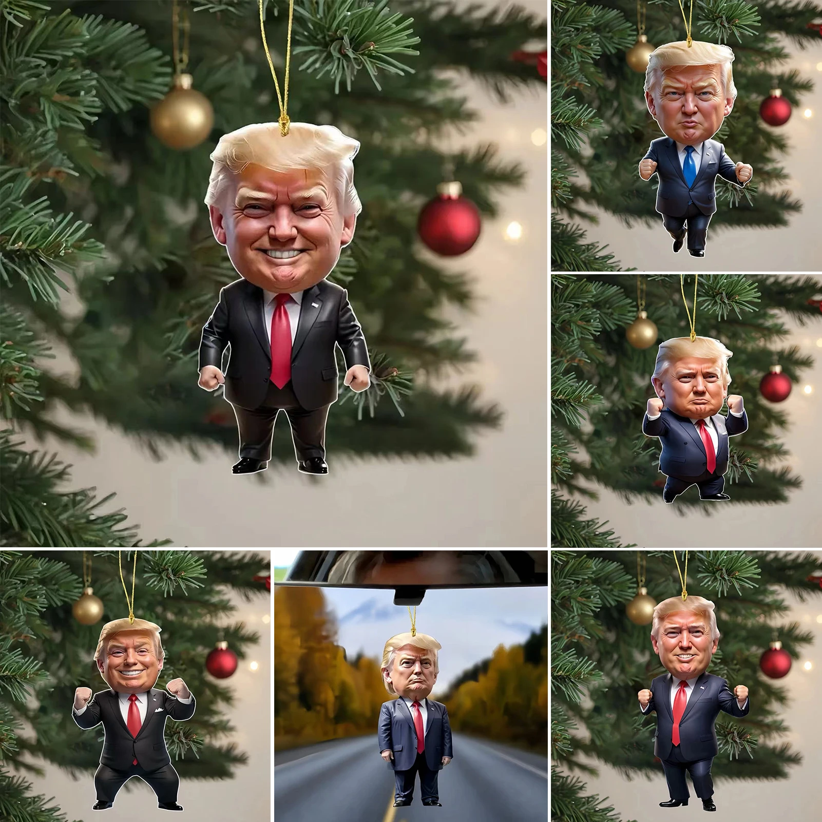Funny 2D Acrylic Donald Trump Cartoon Pendant Keychain Car Doll Hanging Christmas Decorations