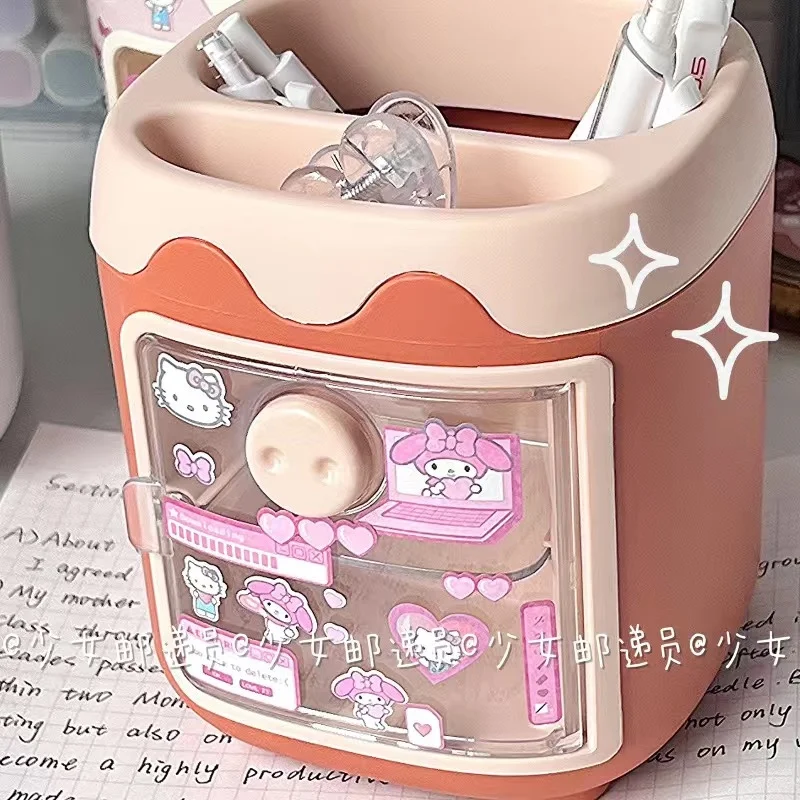 Pen And Brush Holder Pen Holder Brush Holder Sanrio Hello Kitty Kuromi Kawaii Pen Holder Desktop Melody Cinnamoroll DIY Sticker Makeup Brush Stationery Storage Box Xmas Gift