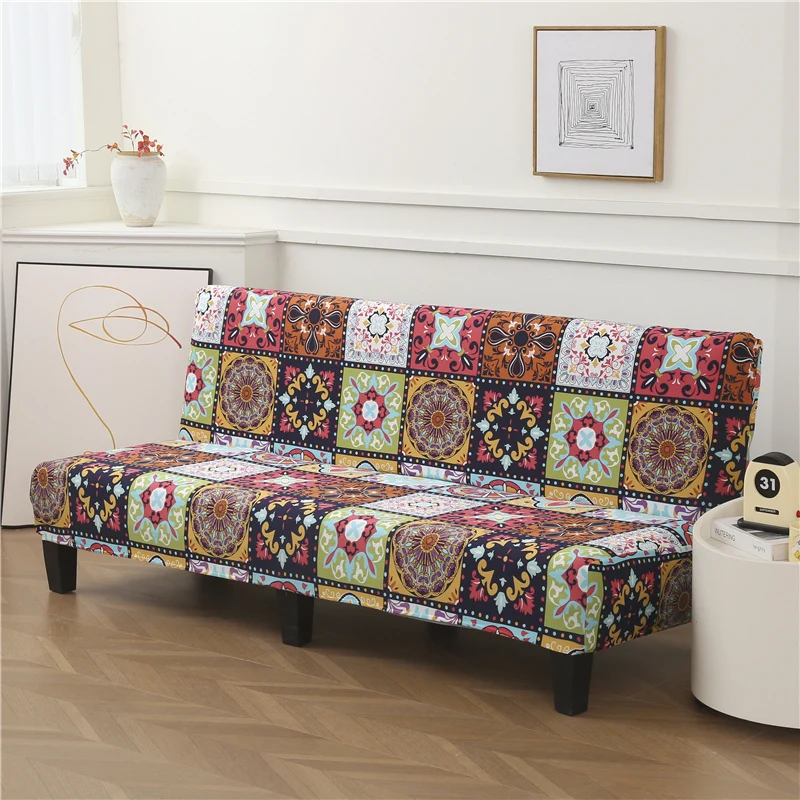 Black Geometric Print Spandex Stretch Sofa Bed Slipcover