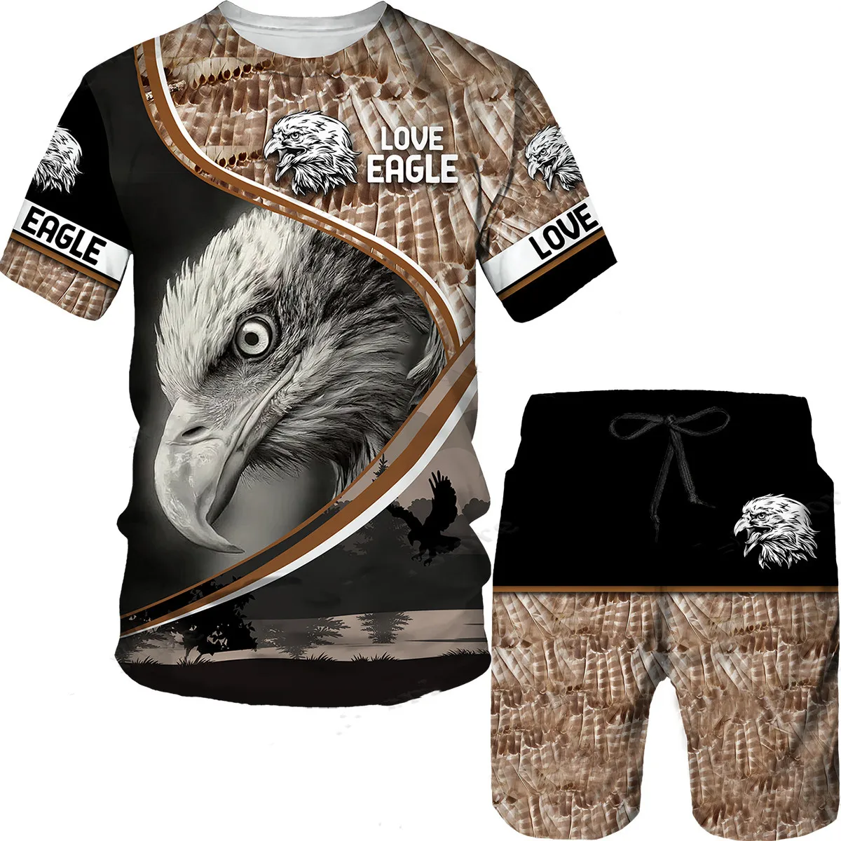 Summer Cool Men White Bald Eagle Animal Camouflage Printed Casual Suits Outdoor Street Style T Shirt Shorts Male Set Chandal