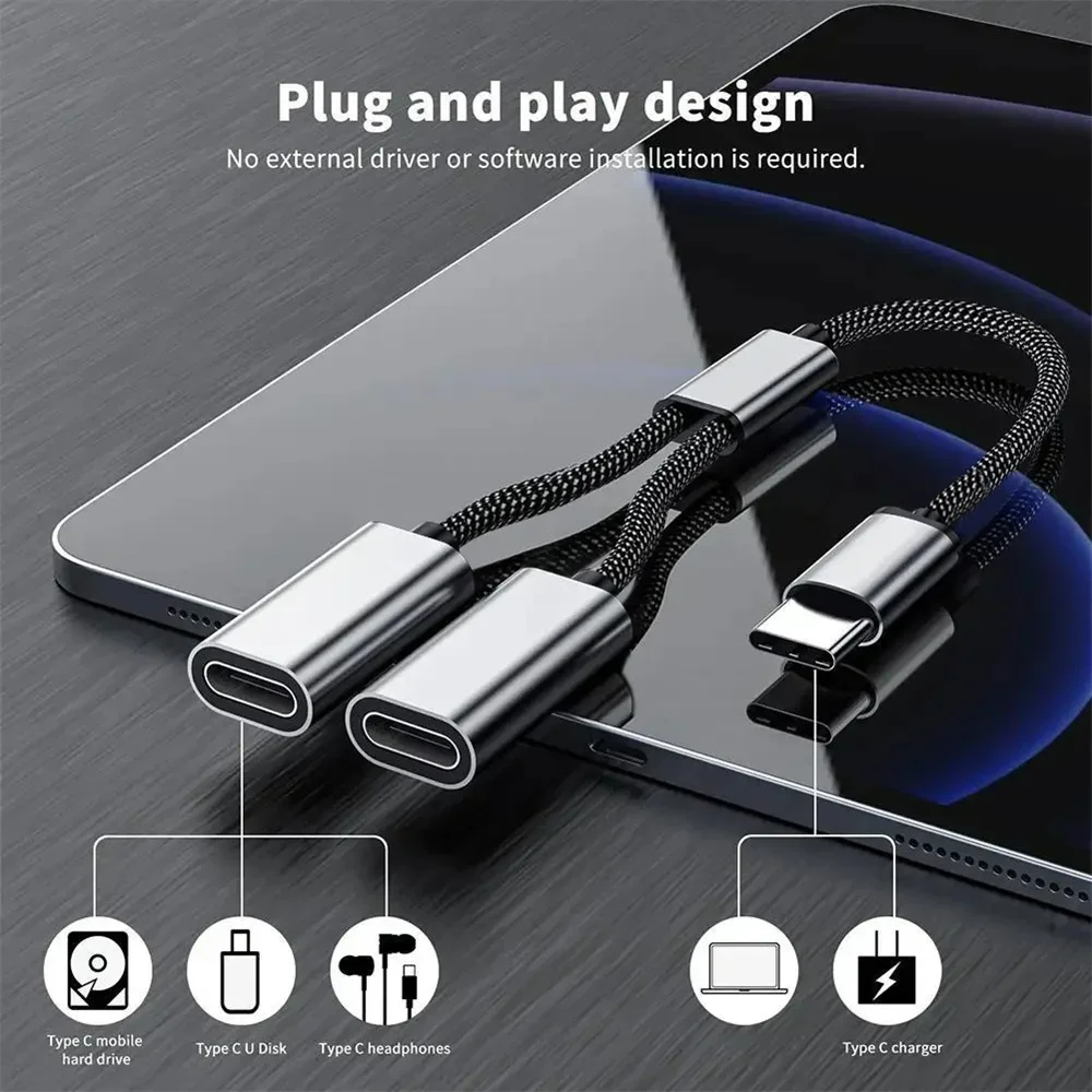 3 in 1 Type C Male To Double USB C Female Splitter Portable USB Y Splitter Cable Type C Hub For U Disk Gaming Handle PD Devices