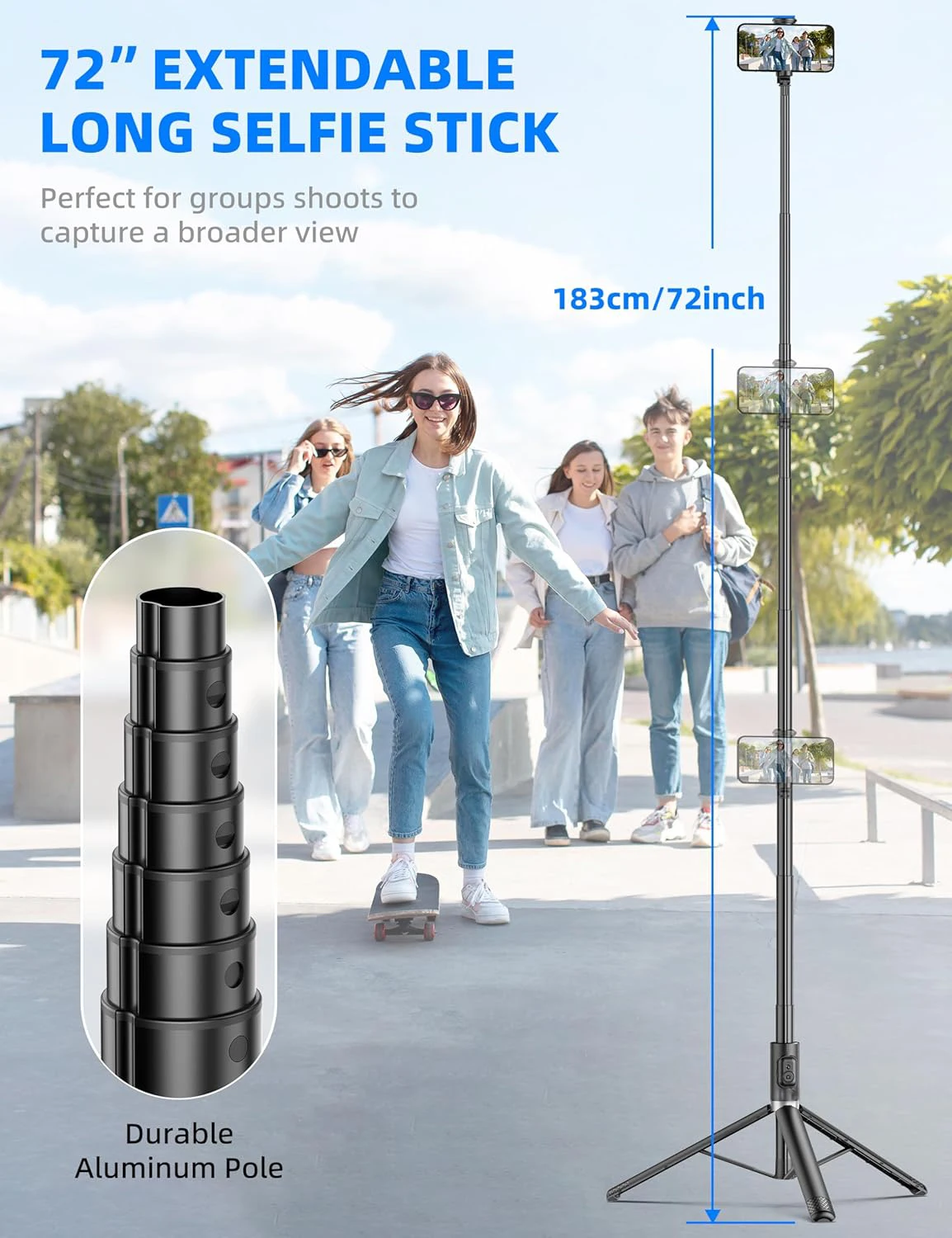 Selfie Stick with Bluetooth Remote 72 Inch for iOS Android Phone