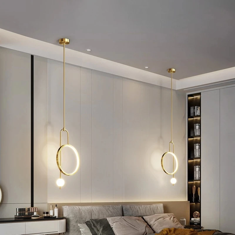 Pendant Lamp Gold Ring Light Modern Ball Led Hanging Bedroom Bedside Minimalist Nordic Luxury Living Room Background Lighting