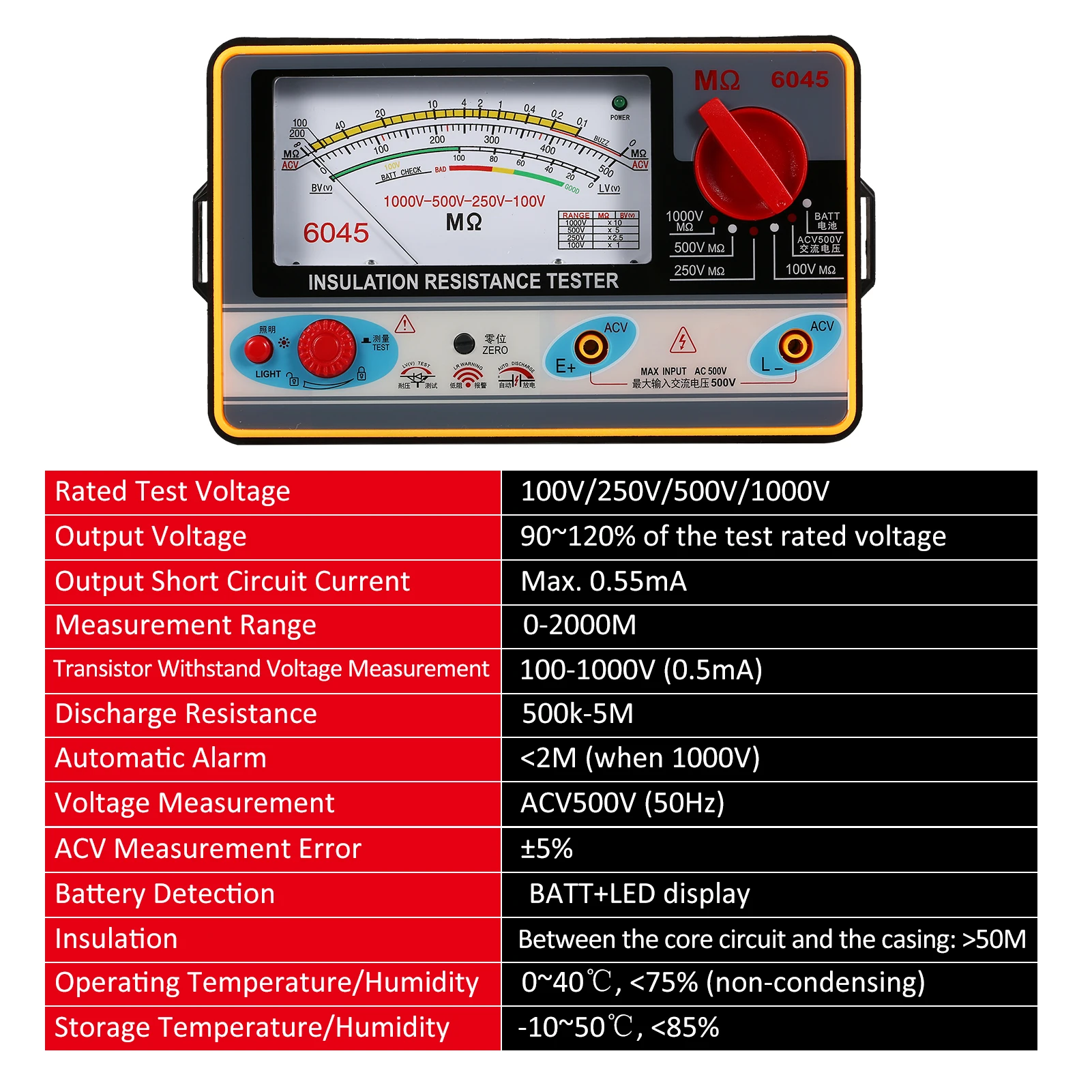 절연 저항 계량기 디지털 저항계 절연 테스터 메가미터, 0-2000MΩ, 100V, 250V, 500V, 1000V