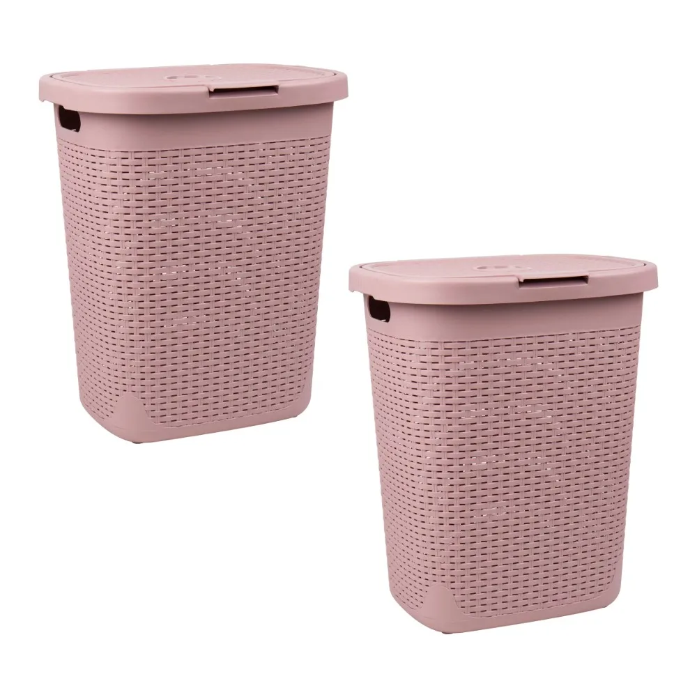 

Basket Collection Slim Laundry Hamper 50 Liter (15kg/33lbs)Capacity Cut Out Handles Attached Hinged Lid Ventilated Set of 2 Pink