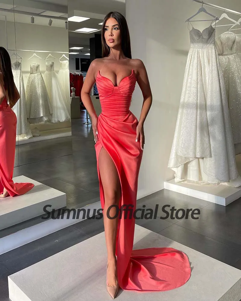 Sumnus Orange Prom Dress Strapless High Slit Party Dresses Back Zipper Sexy Women Evening Gowns Robe de Soiree Night Outfits