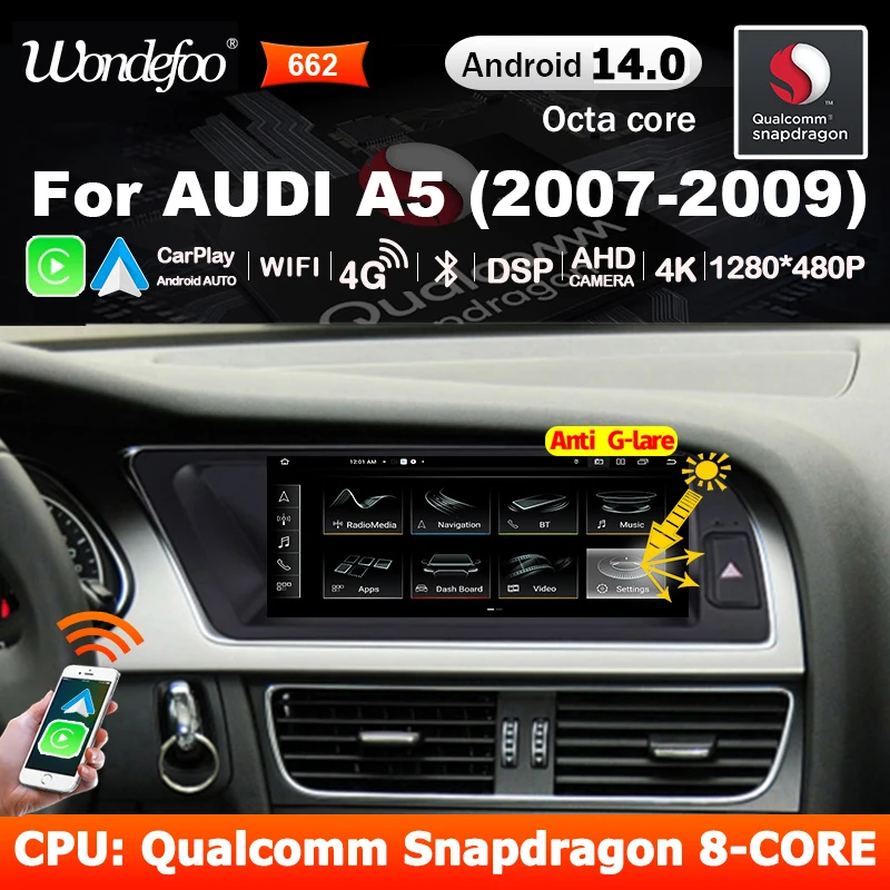 Snapdragon 8CORE 8,8'' Wireless Carplay Android 14 Auto-Radiobildschirm für Audi A5 2007-2009 MMI2G Autoradio Stereo Multimedia-Player Bluetooth WIFI 4G LTE