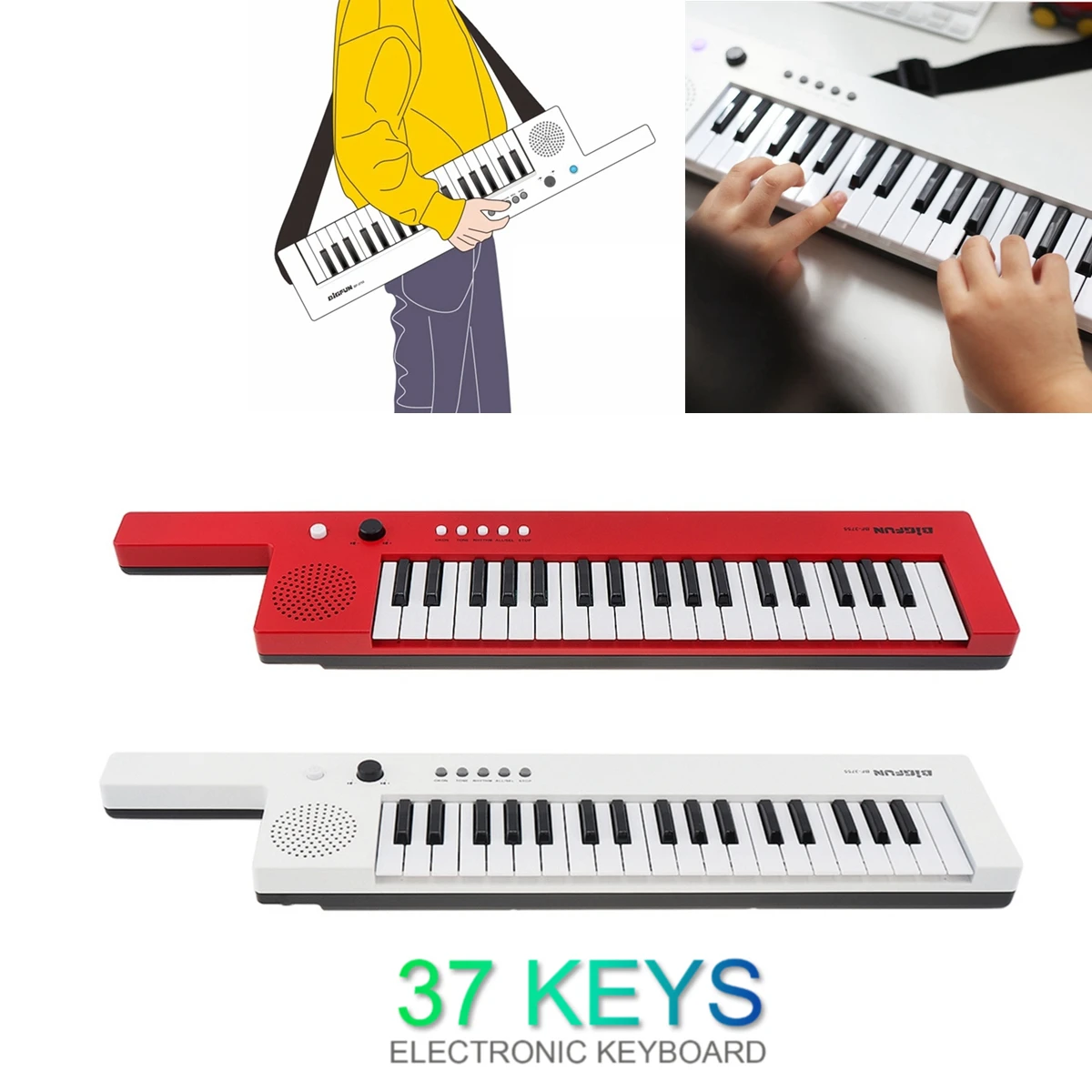 Description Picture 2 of itemRechargeable 37 Keys Guitar Electronic Organ Mini Key Board Children Piano with Shoulder Strap & Microphone Musical Gift