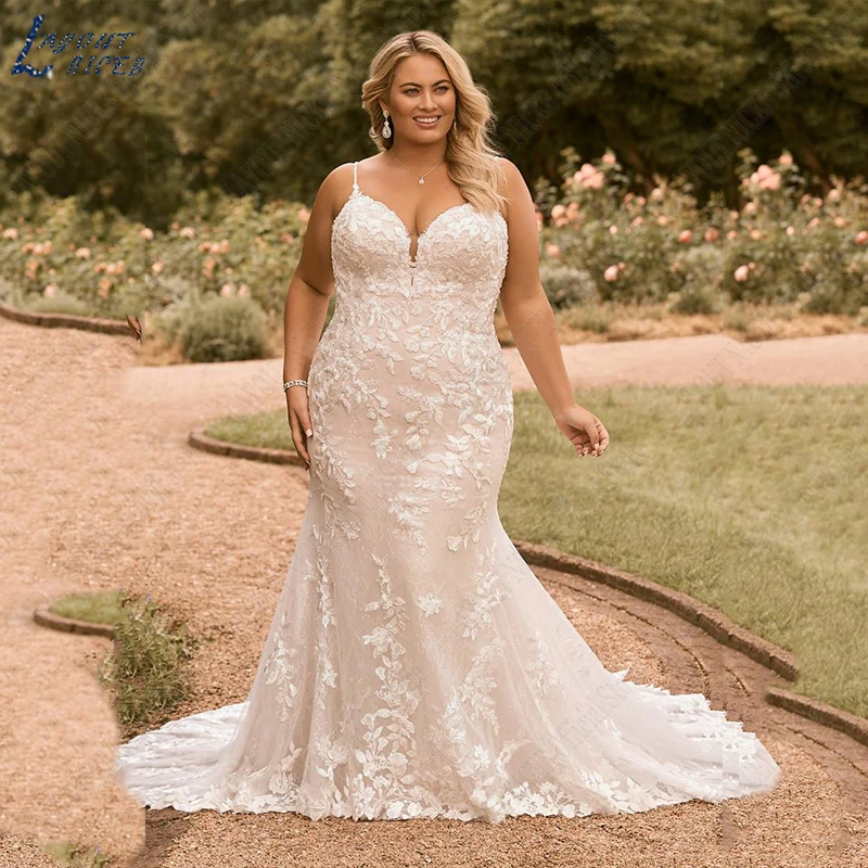 

LAYOUT NICEB Wedding Dresses For Woman Plus Size Mermaid Luxury Lace Appliques Bridal Gown Spaghetti Straps Vestido De Novia