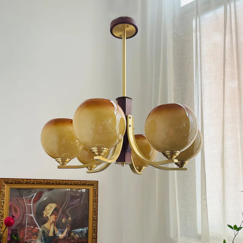 

French retro living room chandelier full copper walnut caramel color medieval designer art restaurant bedroom lamps
